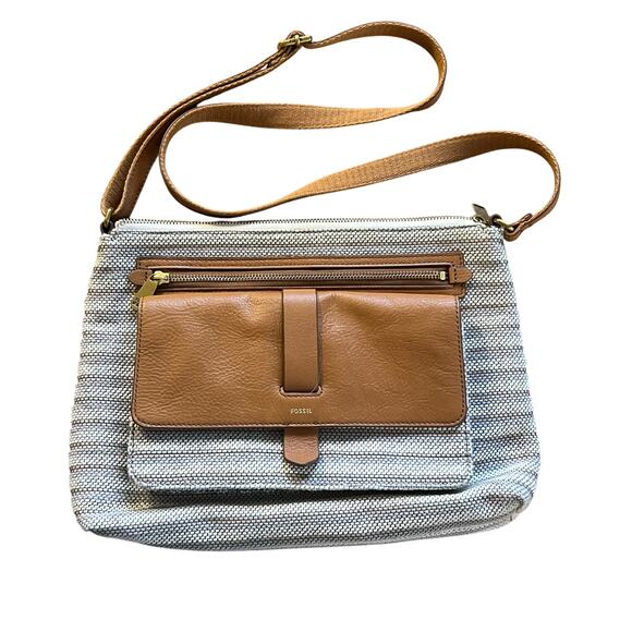 Fossil Handbags - FOSSIL Kinley Crossbody Canvas Brown Pebbled Leather Shoulder Bag Purse Preppy